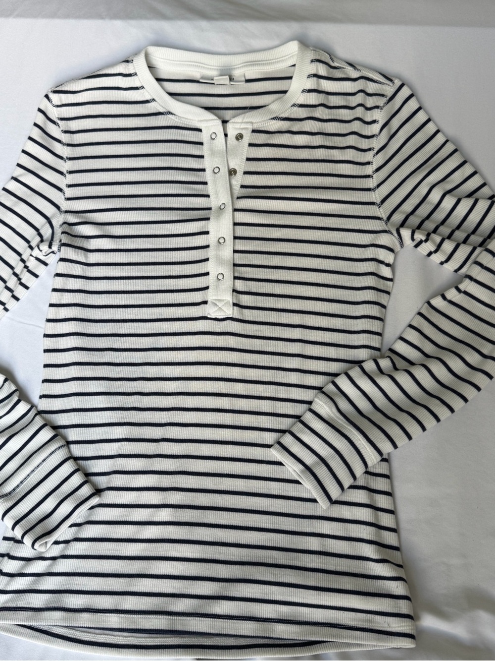 ON 34TH Women’s M Navy White Striped Ribbed Henley Tencel Lyocell Top